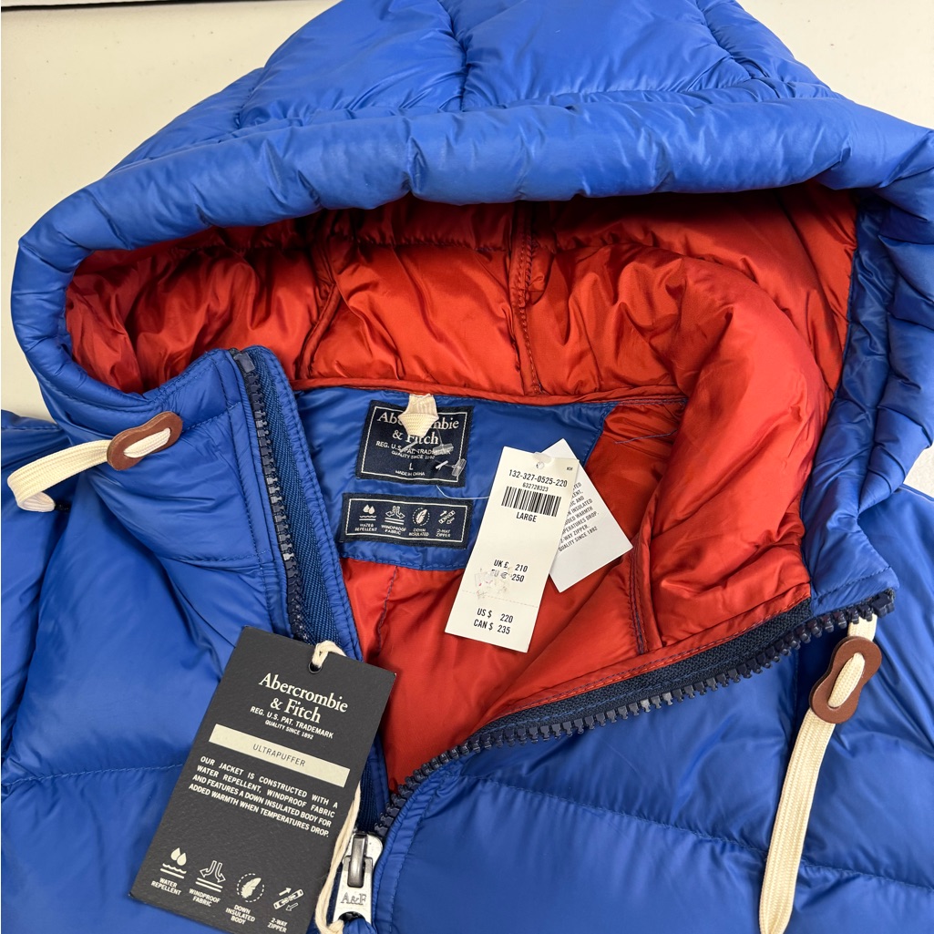 Abercrombie & Fitch Men's Blue Down Ultra Puffer Jacket Coat Hooded $220 New L